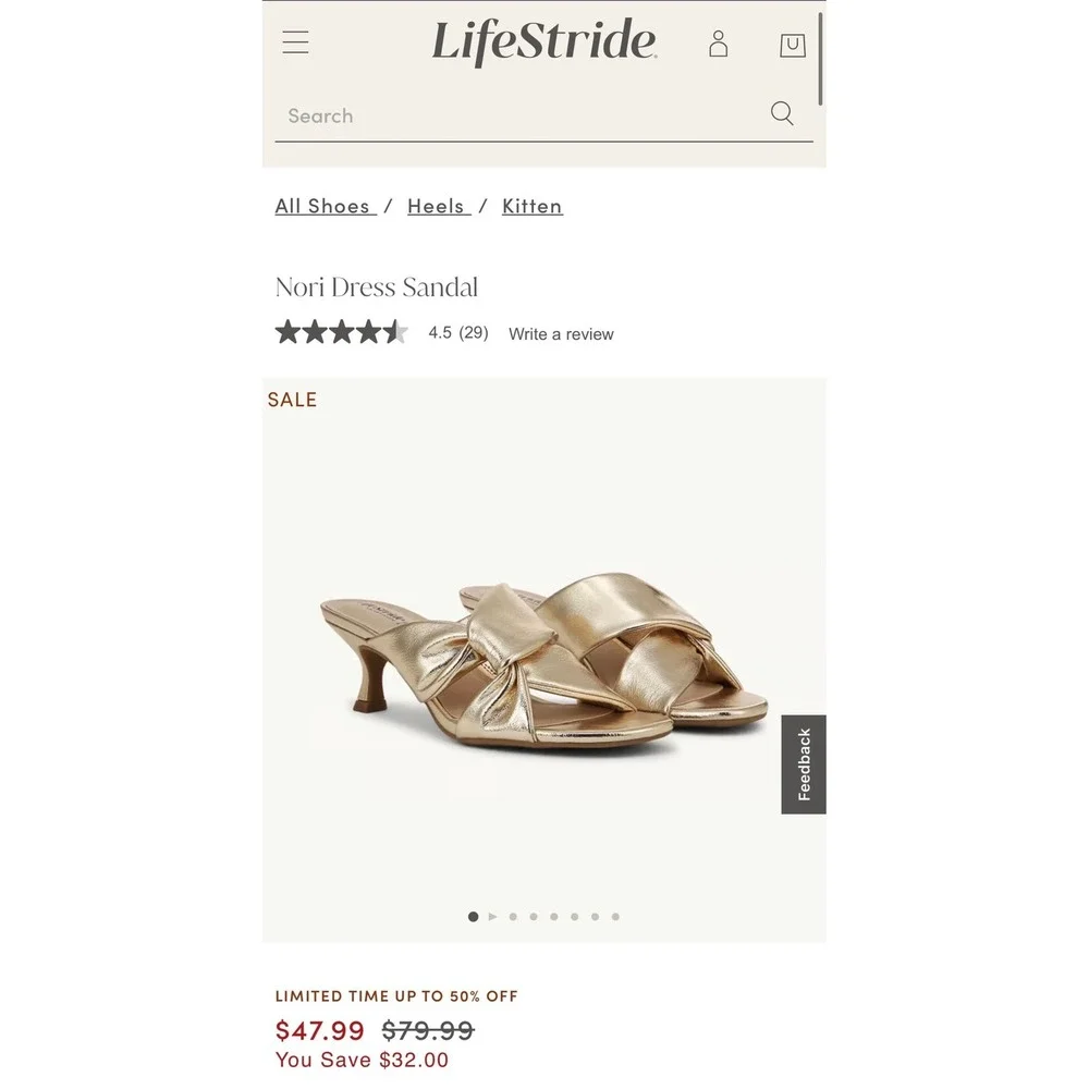 LifeStride Nori Platino Metallic Gold Kitten Heel Dress Sandal Womens Sz 6W Wide